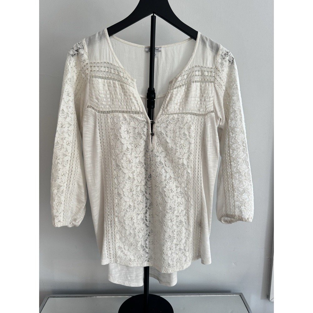 Lucky Brand XS Lace Boho Peasant Top Cream Crochet‎ Romantic Festival Blouse